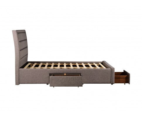 QUEEN NEPTUNE FABRIC UPHOLSTERED BED FRAME WITH 4 STORAGE  FOOTEND DRAWERS - GREY
