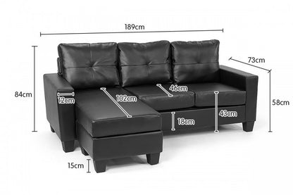 JUMANJI LEATHERETTE SOFA LOUNGE WITH CHAISE(LF) - SEPARABLE OTTOMAN - BLACK