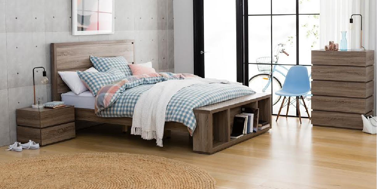 Cubist Queen 4 Piece Tallboy Bedroom Suite - (MODEL:LS-118) - Mocha Oak