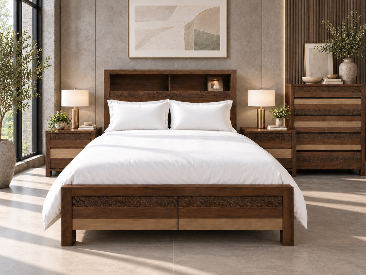 Coastal Queen 4 Piece (TALLBOY) Bedroom Suite With Bookend Bedhead - Colour As Pictured