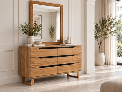 Atmore 6 Drawer Dresser With Mirror - 800(H) X 1400(W) - Natural