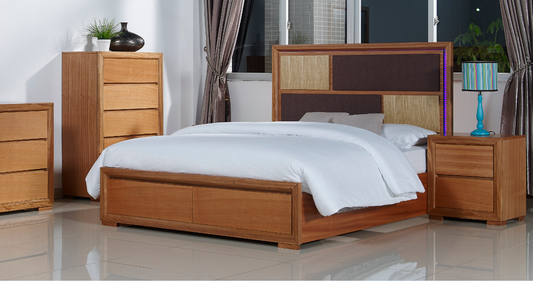 DUAS (614) KING  4 PIECE TALLBOY BEDROOM SUITE WITH  LED LIGHTS ON BEDHEAD  (MODEL 1-21-4-18-5-25) - MAPLE