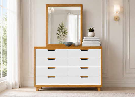 Avalon (AUSSIE MADE) 6 Drawer Dresser Table With Mirror - Tassie Oak Combination - 2 Tone - Assorted Colours