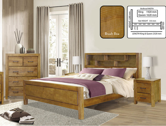 CLAYTON KING 4 PIECE (TALLBOY) BEDROOM SUITE WITH BOOKCASE BEDHEAD - BRUSH BOX
