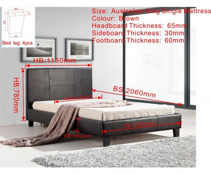 BELLA   KING SINGLE LEATHERETTE BED FRAME  -  BROWN