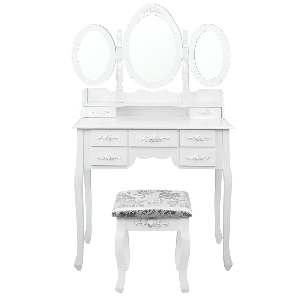 ERIN LUXURY DRESSING TABLE WITH MIRROR & STOOL WITH 7 DRAWERS (DRESS-TAB-7D-AB) - FULLY ASSEMBLED MODEL - (MODEL 5-12-12-1) - 1460(H) X 1020(W) - WHITE