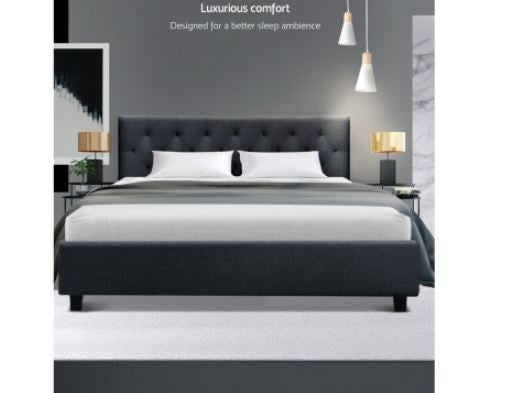 Queen Edison Fabric Upholstered Bed Frame With Tufted Headboard- Charcoal