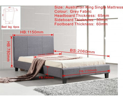 BELLA KING SINGLE FABRIC BED FRAME  -  GREY