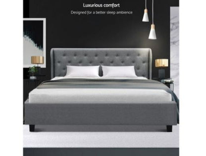 QUEEN VINCI WINGED LINEN FABRIC GAS LIFT STORAGE BED WITH TUFTED HEADBOARD - GREY