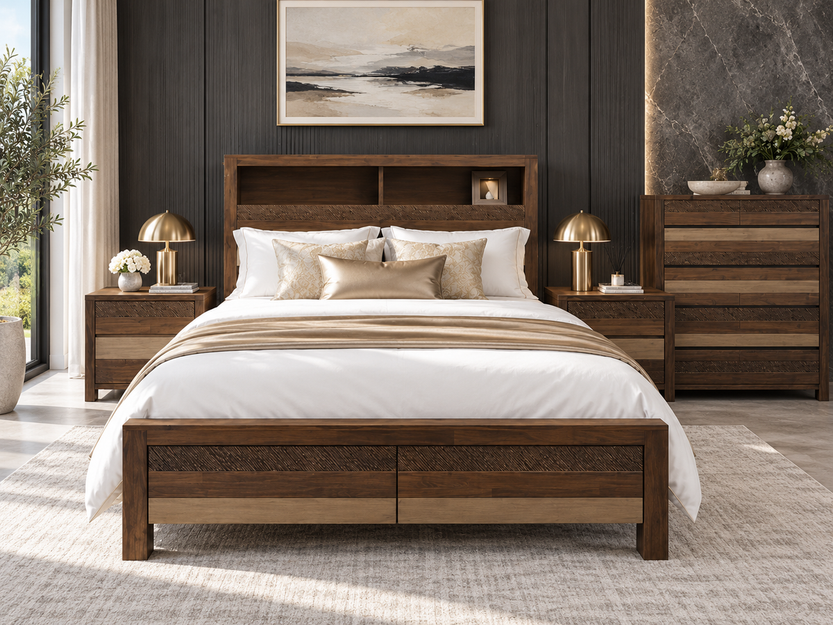 Coastal Queen 4 Piece (TALLBOY) Bedroom Suite With Bookend Bedhead - Colour As Pictured