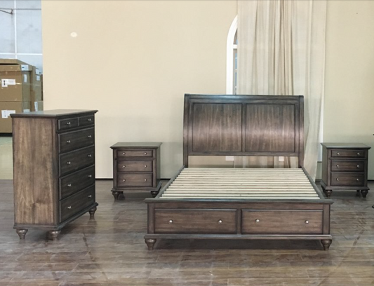 RUDEN   KING    4 PIECE  TALLBOY BEDROOM SUIT  (8221) BED WITH 2 FOOTEND DRAWERS  (MODEL - 7-5-15-18-7-9-1) - BURNISHED CHERRY