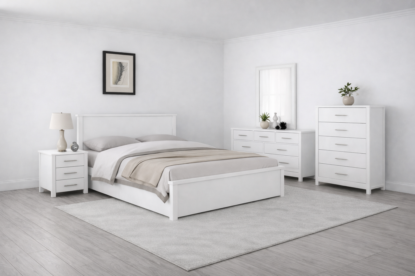 Double Or Queen Amazing 4 Piece (TALLBOY) Bedroom Suite (MODEL:3-18-5) - Light Oak , White (PICTURED) , Chocolate