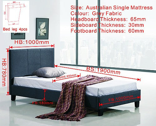 SINGLE CLEESE LINEN FABRIC BED FRAME - GREY