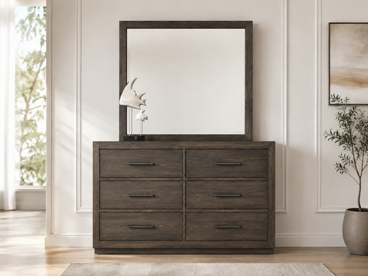 Lindsay (AUSSIE MADE) 6 Drawer Dresser With Floating Base & Mirror - Assorted Stained Ccolours
