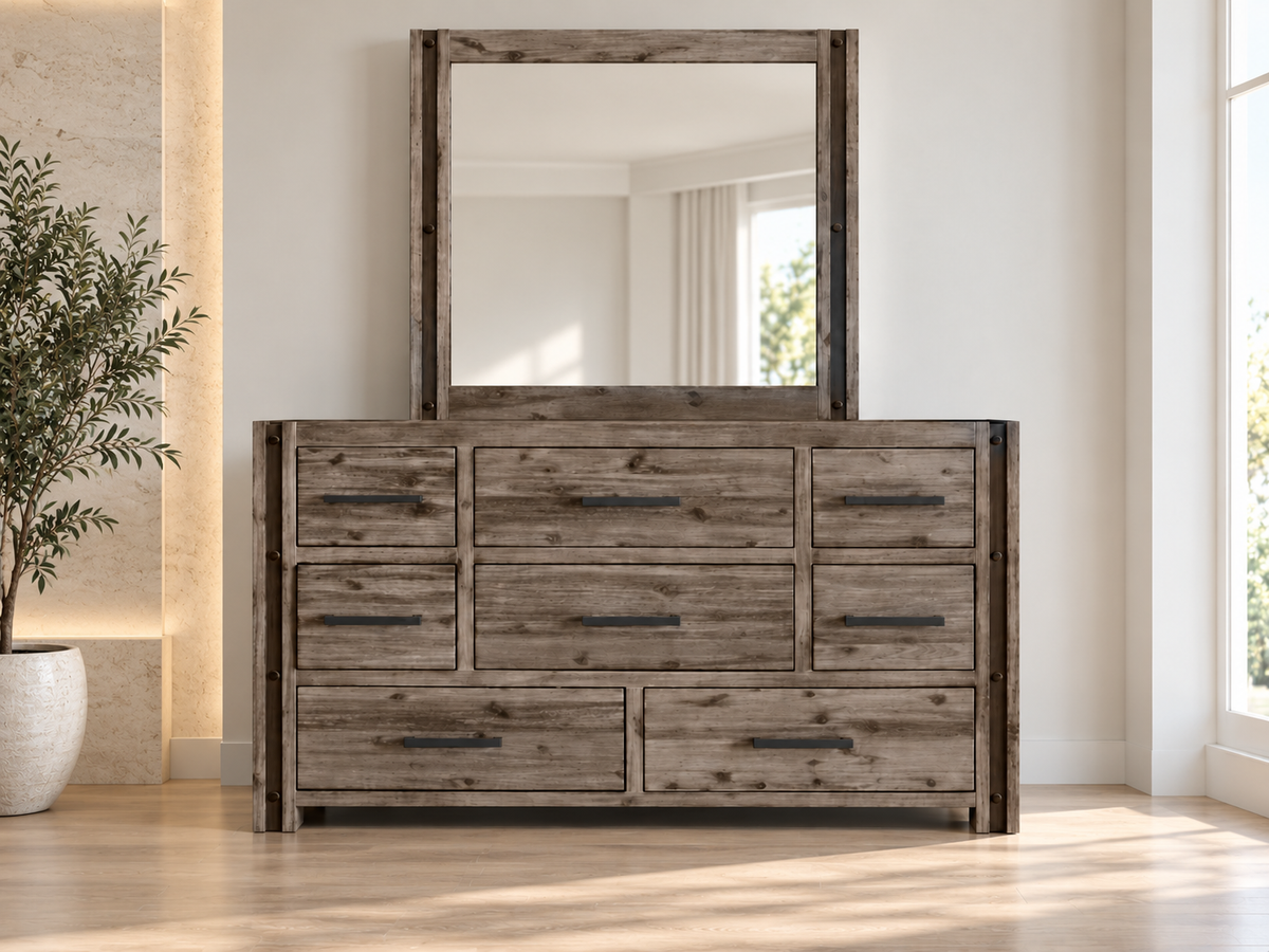 Swan (3592) 8 Drawers Hardwood Dressing Table With Mirror (19-20-15-3-11-25-1-18-4)- 815(H) X 1400(W) - Brushed Gum