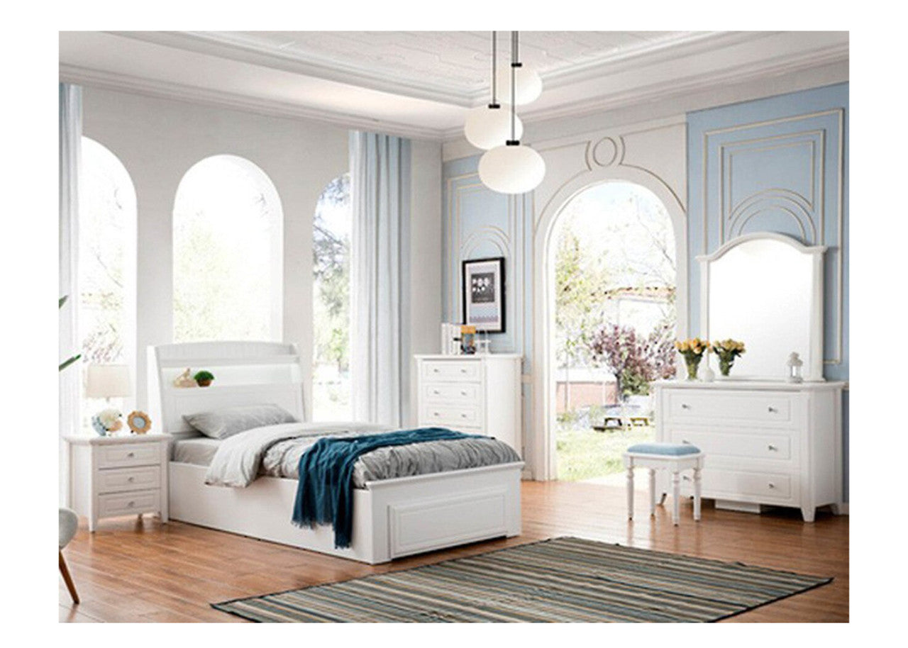 Single Halima Front Gas Lift Up Bed - Storage Headboard With LED Light (LS-716KS) - Ivory White