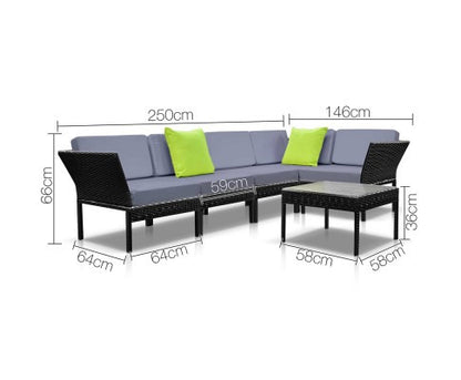 NIEL STACKABLE 6 PCS BLACK WICKER RATTAN 5 SEATER OUTDOOR LOUNGE SET GREY