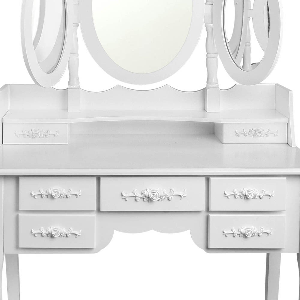 ERIN LUXURY DRESSING TABLE WITH MIRROR & STOOL WITH 7 DRAWERS (DRESS-TAB-7D-AB) - FULLY ASSEMBLED MODEL - (MODEL 5-12-12-1) - 1460(H) X 1020(W) - WHITE