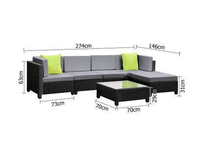 DOMINO 6 PIECE BLACK WICKER RATTAN 5 SEATER OUTDOOR LOUNGE SET GREY