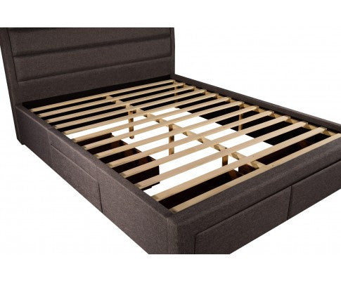 QUEEN NEPTUNE FABRIC UPHOLSTERED BED FRAME WITH 4 STORAGE  FOOTEND DRAWERS - GREY