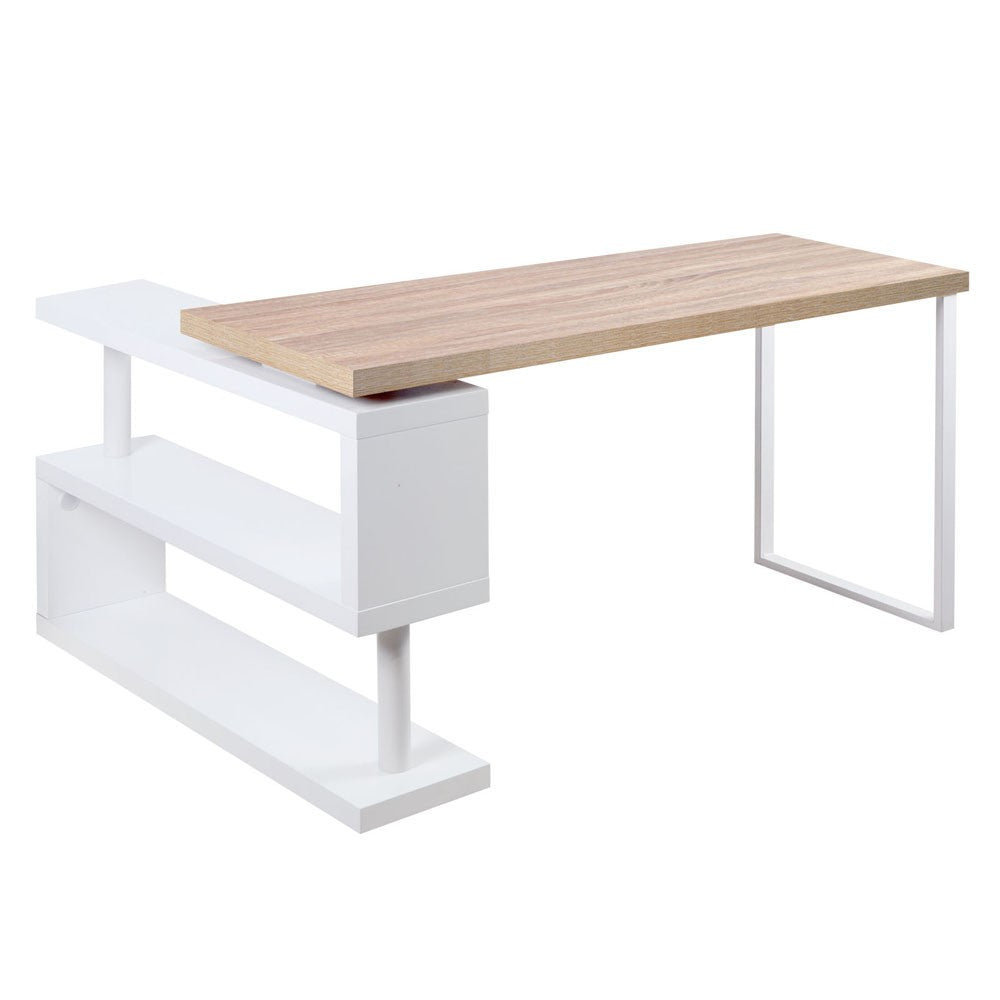 MAYA ROTATABLE OFFICE COMPUTER CORNER TABLE WITH BOOKSHELF  (DESK-CORNER-140) - BROWN /  WHITE