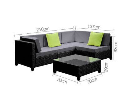 DOMINO 5 PIECES BLACK WICKER RATTAN 4 SEATER OUTDOOR LOUNGE SET GREY