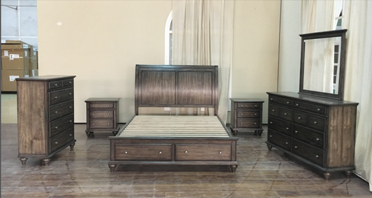RUDEN   QUEEN   6 PIECE  (THE LOT)  BEDROOM SUIT  (8221) BED WITH 2 FOOTEND DRAWERS  (MODEL - 7-5-15-18-7-9-1) -BURNISHED CHERRY