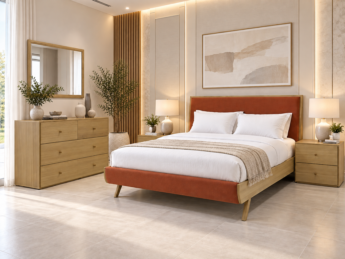 Queen Demopolis 5 Piece (DRESSER) Bedroom Suite - Natural & Warwick Orange/yellow