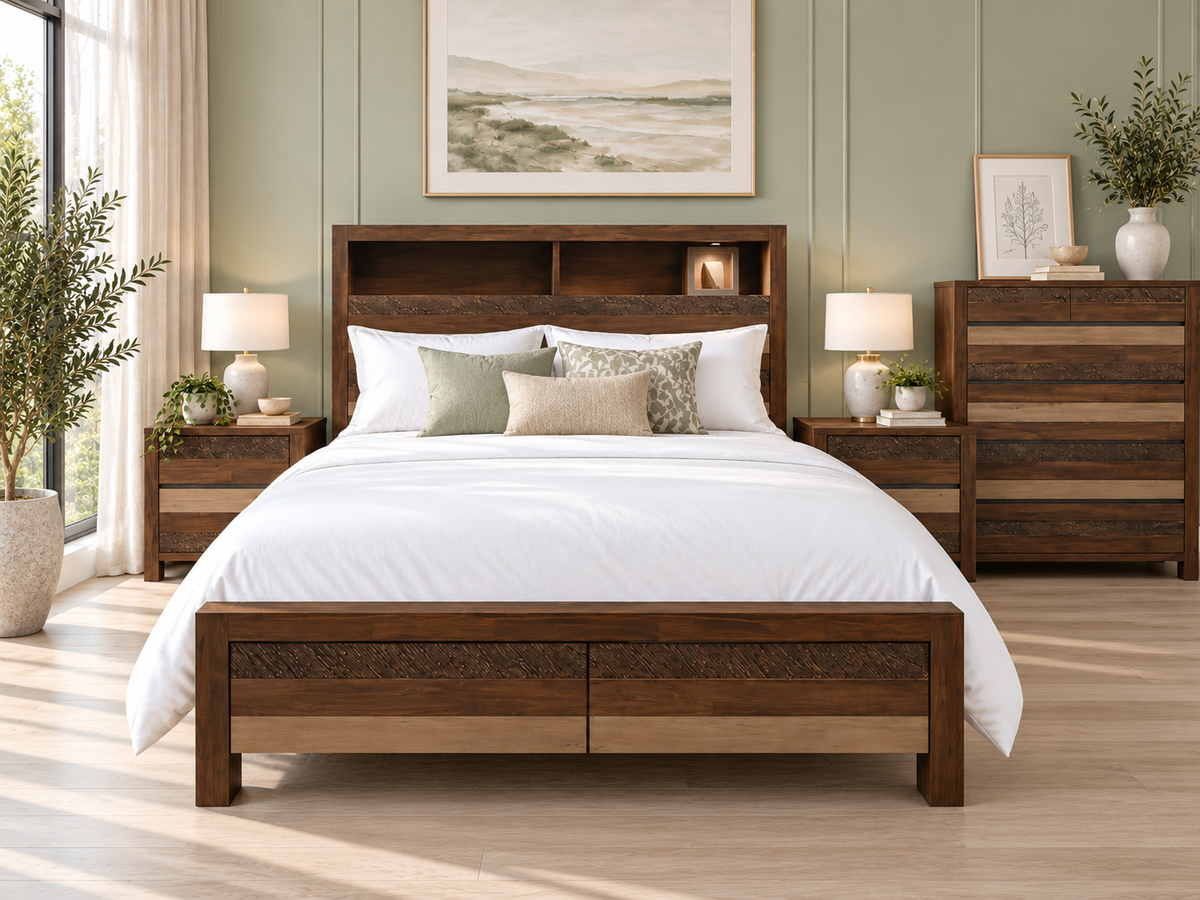 Coastal Queen 4 Piece (TALLBOY) Bedroom Suite With Bookend Bedhead - Colour As Pictured