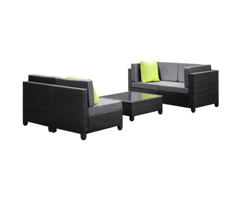 DOMINO 5 PIECES BLACK WICKER RATTAN 4 SEATER OUTDOOR LOUNGE SET GREY