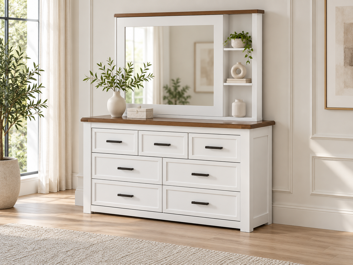 Epcot (AUSSIE MADE) 7 Drawer Dressing Table With Sliding Mirror - 900/1900(H) X 1500(W) X 450(D) - Assorted Painted Colours