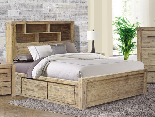 KING WINSLOW ACACIA BED WITH BOOKCASE AND 4 DRAWERS - AS PICTURED