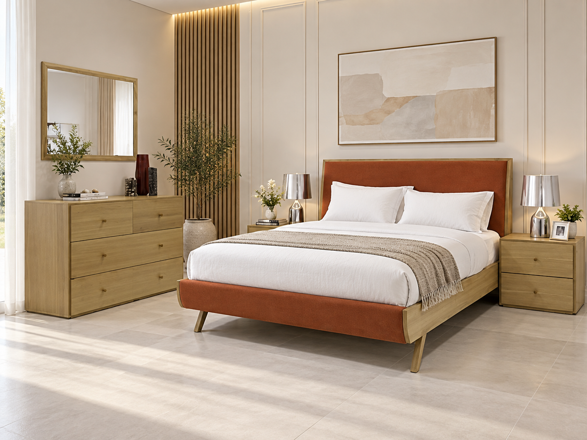 Queen Demopolis 5 Piece (DRESSER) Bedroom Suite - Natural & Warwick Orange/yellow