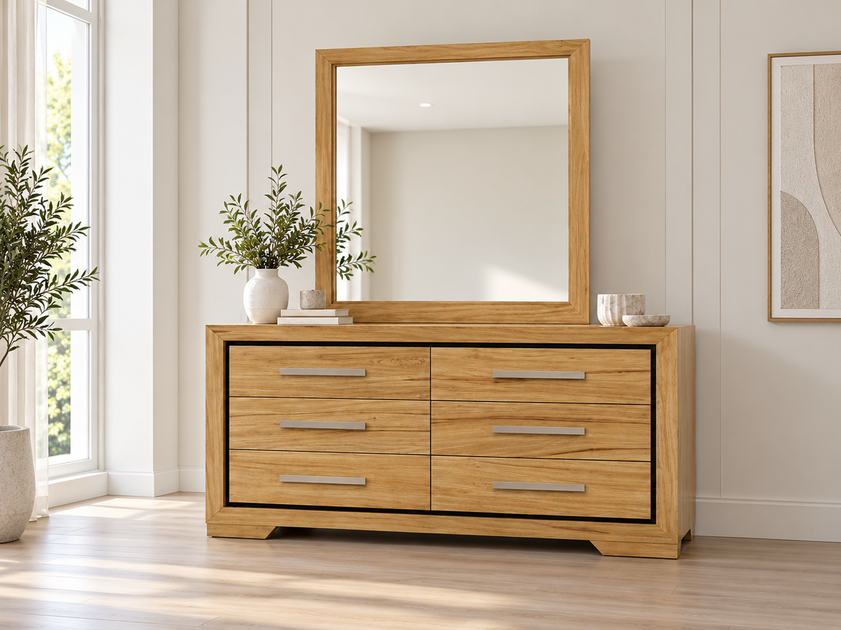 Verd 6 Drawer Dresser & Mirror -800(H) X 1400(W) - Natural