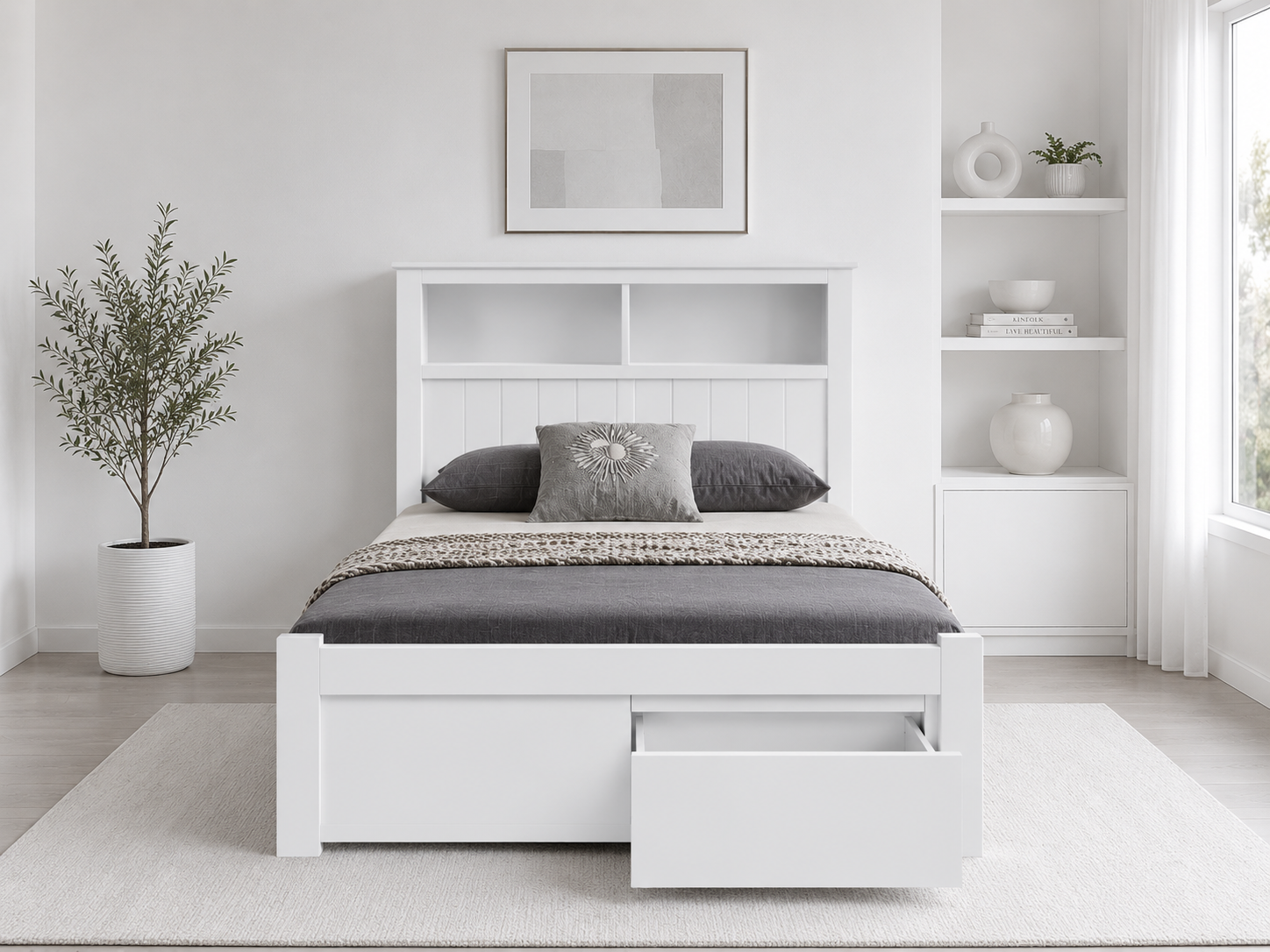 King Single Jessy Bookend Bed With 2 Drawers - White , Blackwood Or Walnut