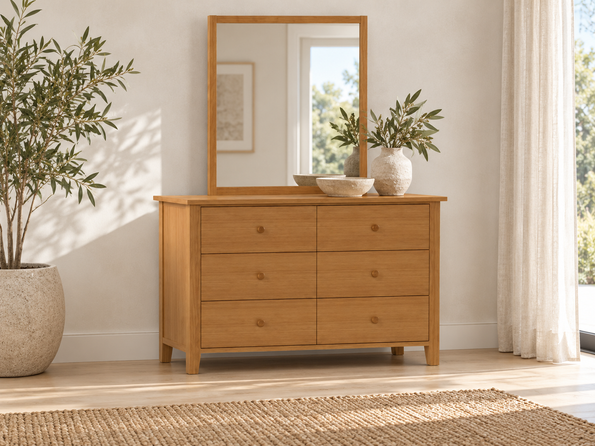 Cronulla (AUSSIE MADE) 6 Drawer Dressing Table With Mirror - Tassie Oak Combination - Assorted Colours