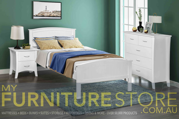 STELLA PANEL SINGLE OR KING SINGLE 3 PIECE BEDROOM SUITE WITH SAVANNAH CASE GOODS - WHITE