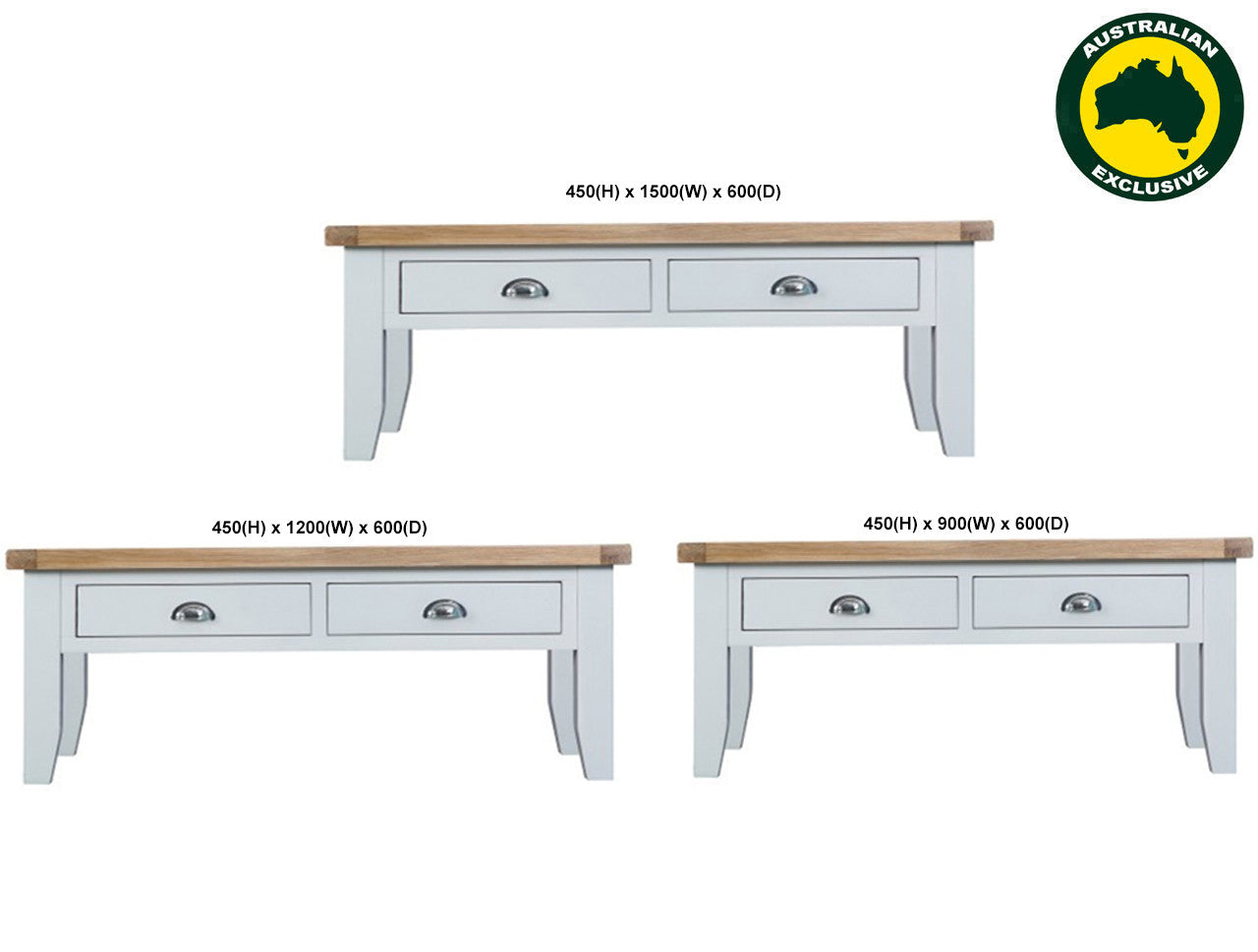 Arbetta (AUSSIE MADE) Coffee Table With 2 Drawers Collection - Tassie Oak Combination - Assorted Stained / Painted Colours