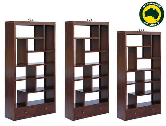 Amsterdam (AUSSIE MADE) 10 Cub Shelf With 2 Drawers Room Divider Collection - Assorted Stained Colours