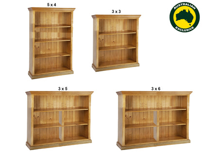 ANTALYA (AUSSIE MADE) TRIPLE TOP STANDARD LOWLINE BOOKCASE COLLECTION - ASSORTED STAINED COLOURS - STARTING FROM $399