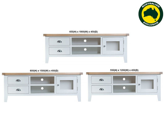 Arbetta (AUSSIE MADE) Lowline Large Entertainment TV Unit 1 Door / 2 Drawers Collection - Assorted Painted / Stained Colours
