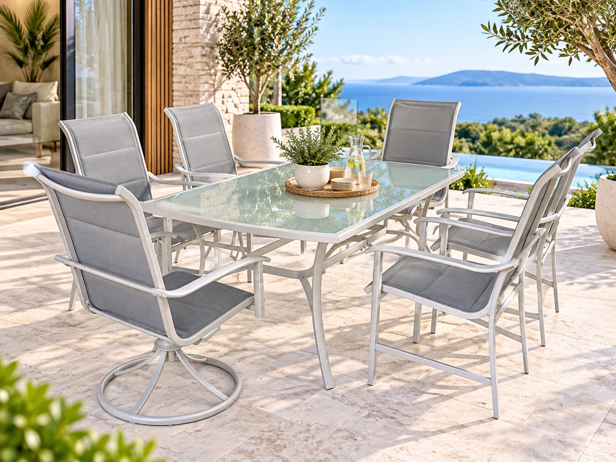 Ashbury White 7-Piece Outdoor Dining Setting – Steel Frame with Grey Mesh Seating