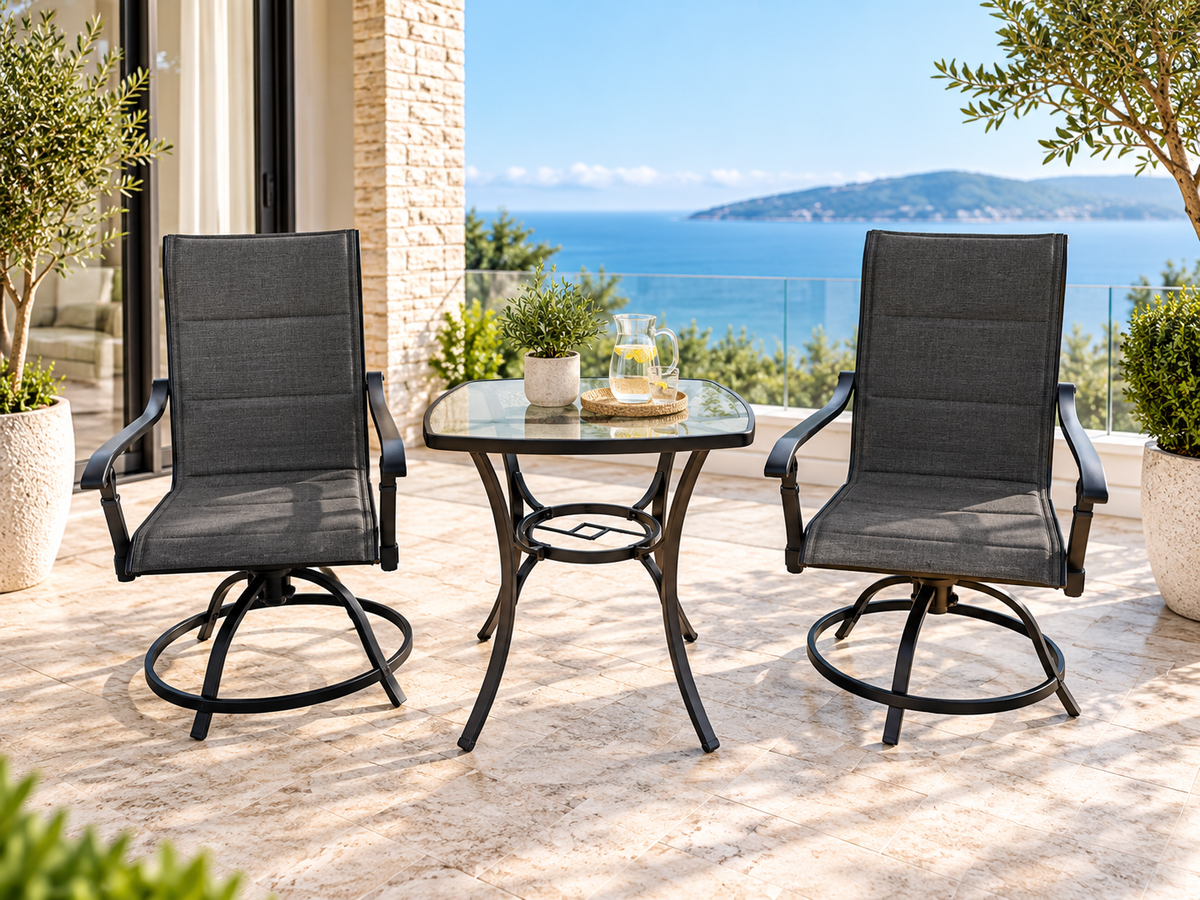 Ashbury Pewter 3-Piece Outdoor Coffee Setting – Steel Frame with Brown Mesh Chairs