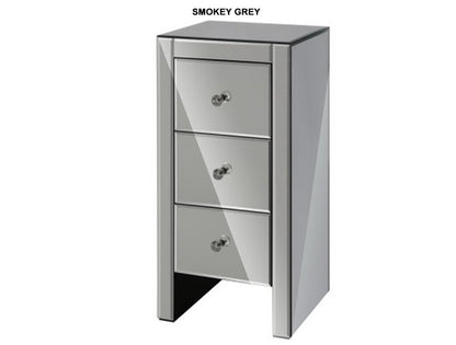 AVANT 3 DRAWER SKINNY MIRRORED BEDSIDE TABLE COLLECTION - SILVER OR SMOKEY GREY