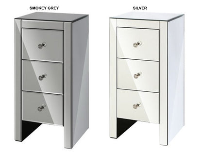AVANT 3 DRAWER SKINNY MIRRORED BEDSIDE TABLE COLLECTION - SILVER OR SMOKEY GREY