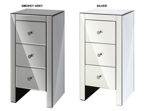 AVANT 3 DRAWER SKINNY MIRRORED BEDSIDE TABLE COLLECTION - SILVER OR SMOKEY GREY