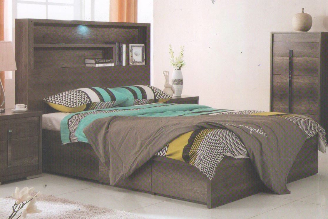 Queen Jesuit Storage Bed With Bookcase Bedhead - (MODEL:12-9-2-18-1-18-25) - Charcoal Oak