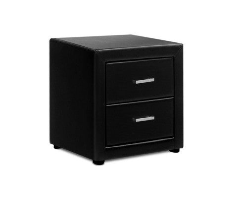 HANNAH 2 DRAWER LEATHERETTE BEDSIDE TABLE - 500(H) x 490(W) - BLACK