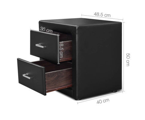 HANNAH 2 DRAWER LEATHERETTE BEDSIDE TABLE - 500(H) x 490(W) - BLACK