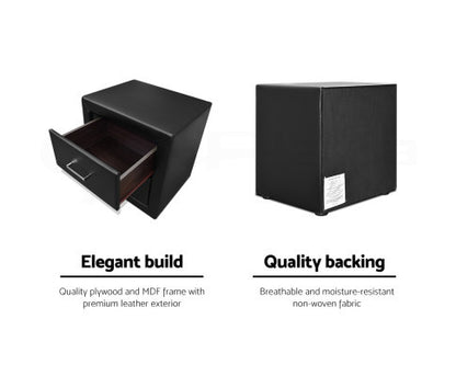 HANNAH 2 DRAWER LEATHERETTE BEDSIDE TABLE - 500(H) x 490(W) - BLACK